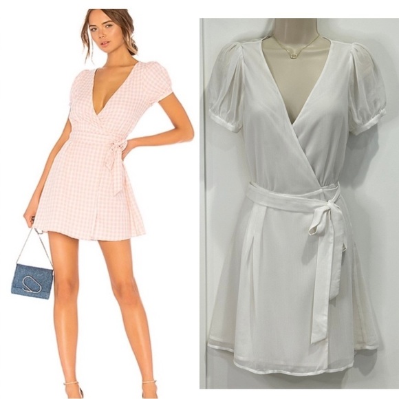 LPA Back Cutout Wrap Mini Dress Puff Sleeves Summer Grad Bridal White Small - Picture 2 of 9